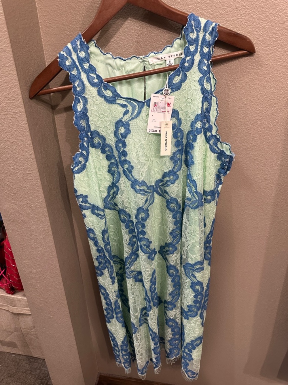 Max Studio Mint Lace Dress with Blue Trim Accents